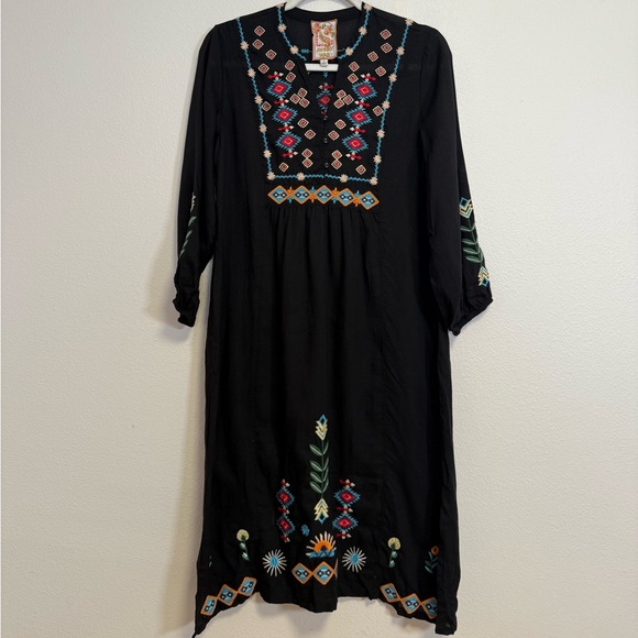 JOHNNY WAS BUTTON FRONT YOKE DRESS BLACK FLORAL EMBROIDERED SZ XS - Picture 5 of 11